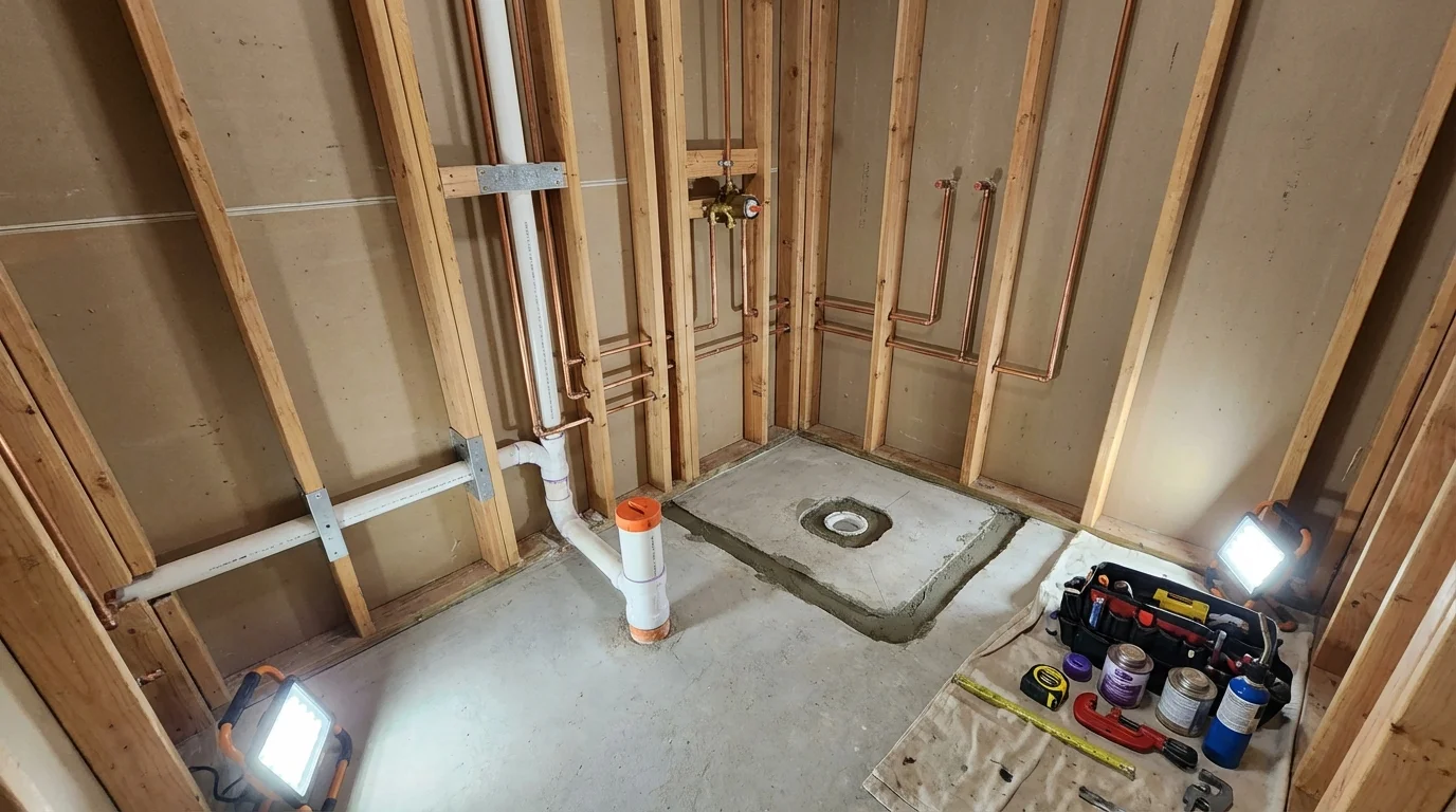 Bathroom rough-in plumbing during remodel by Johns Plumbing LLC in Presidio