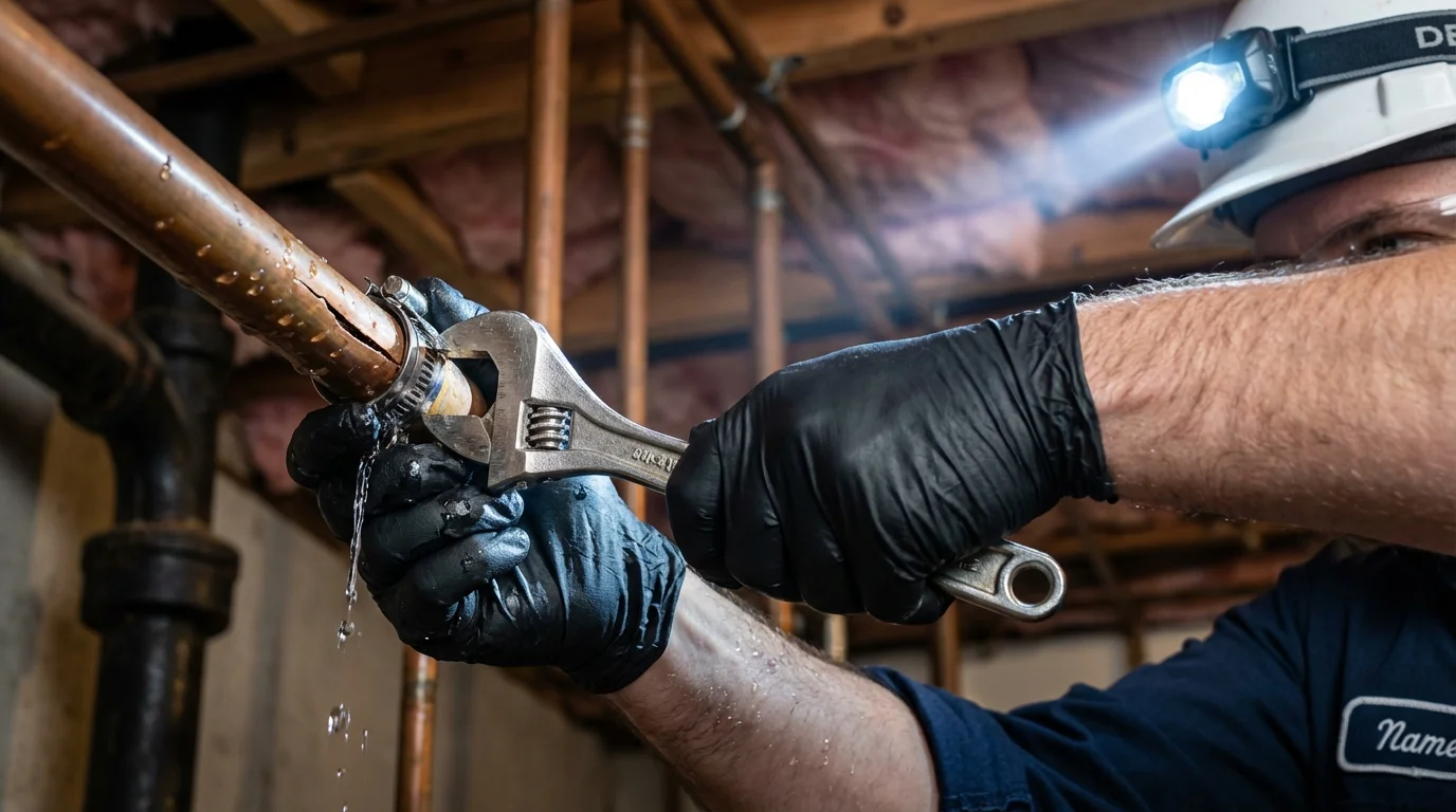 Emergency pipe clamp repair being performed by a Johns Plumbing LLC plumber in Presidio