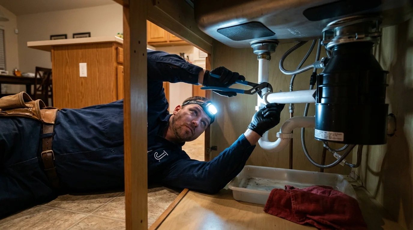 P-trap and supply line connections under a kitchen sink showing a common leak point in Presidio, TX